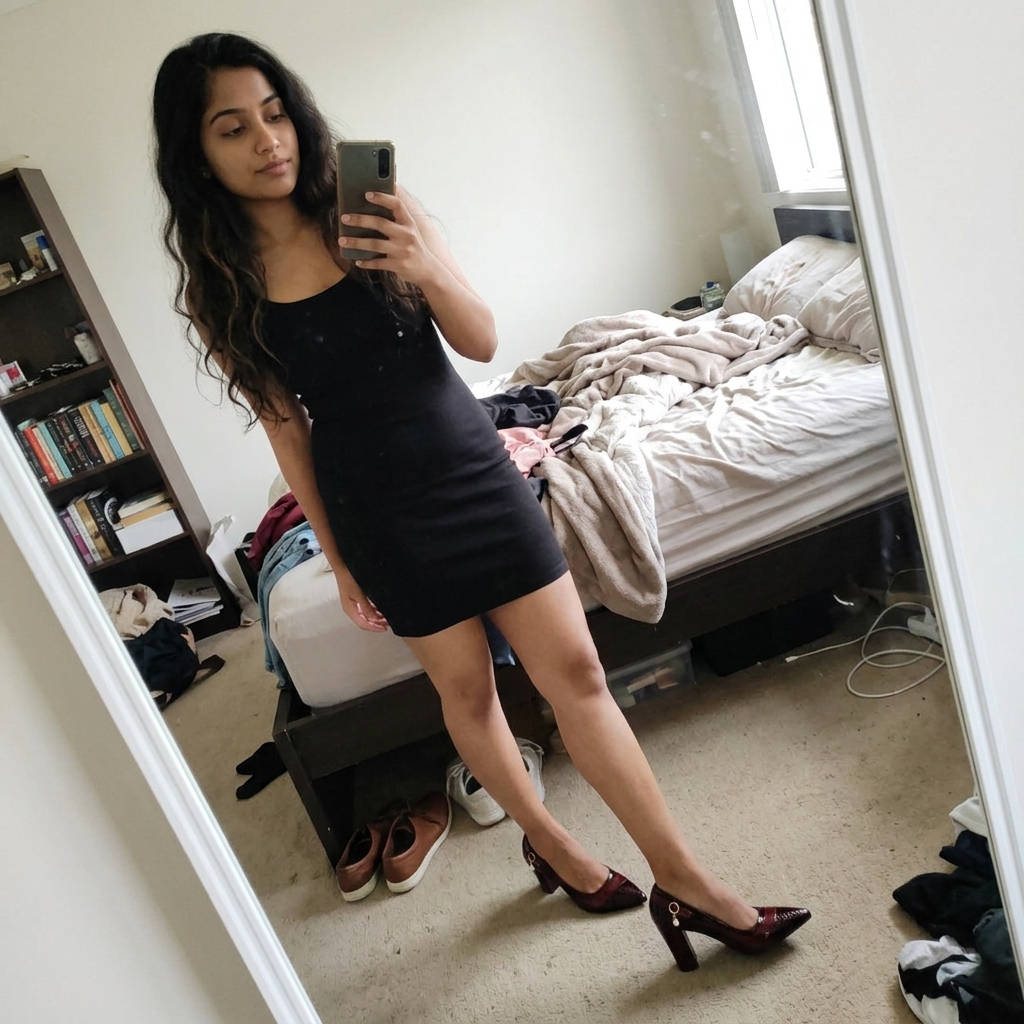 Customer wearing the Alessia Heels in a bedroom mirror selfie