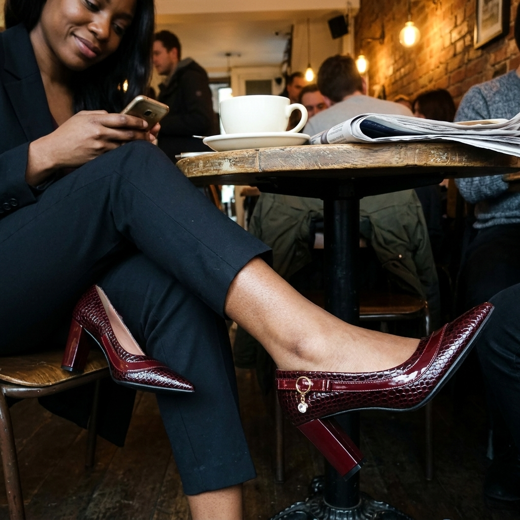 Customer wearing the Alessia Heels in a casual coffee shop setting
