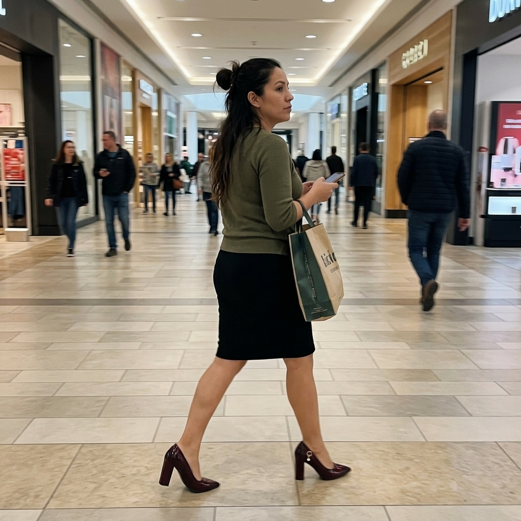 Customer carrying shopping while wearing the Alessia Heels at a shopping centre