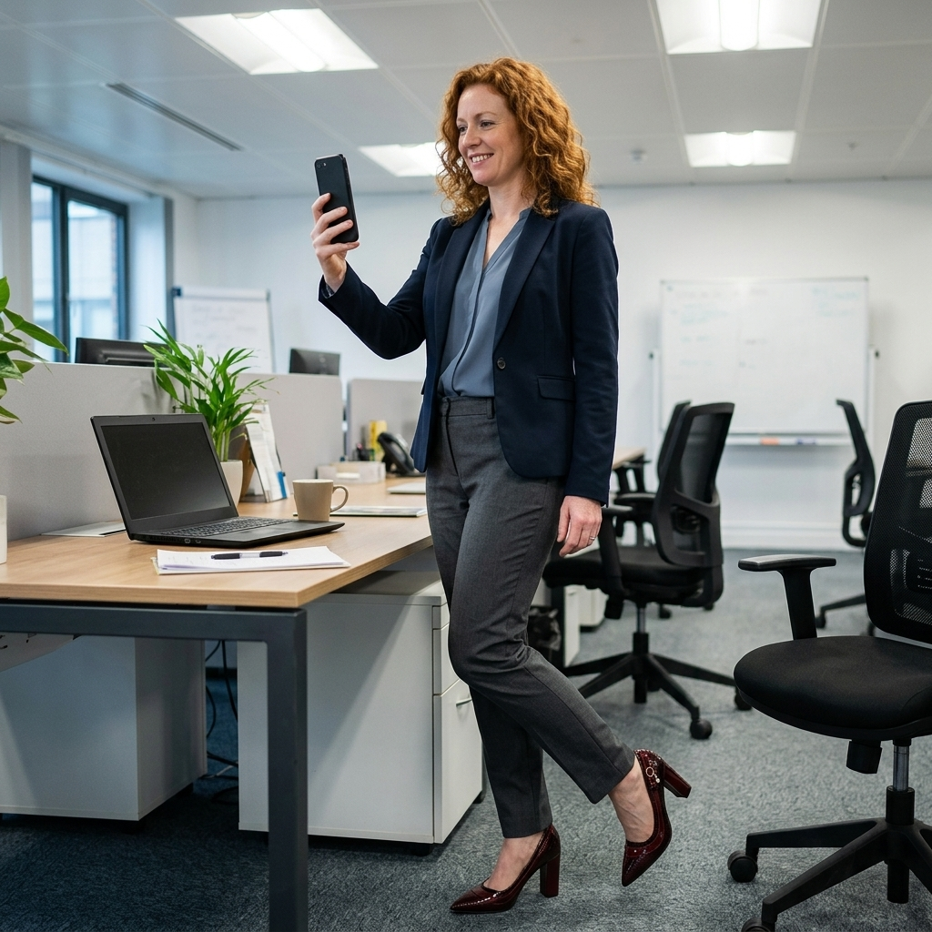 Customer wearing the Alessia Heels in an office setting