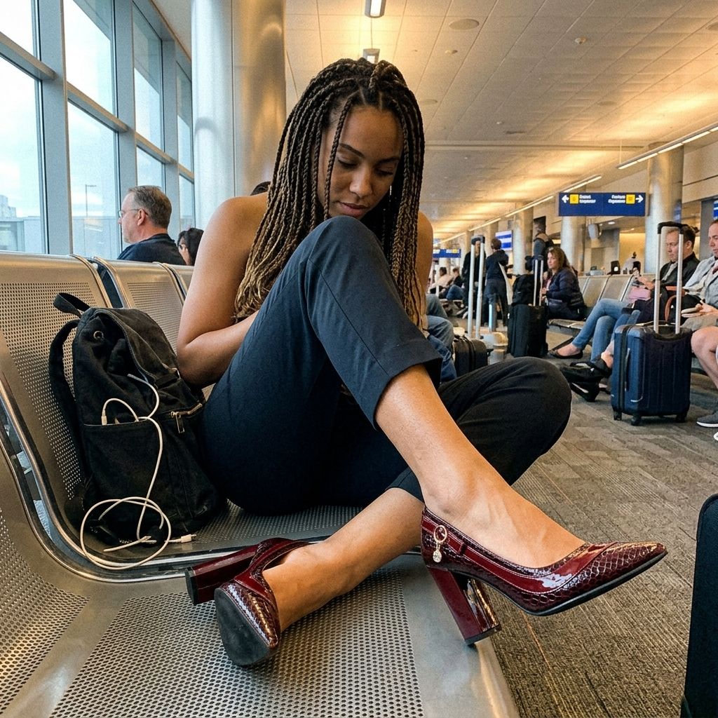 Customer wearing the Alessia Heels at an airport