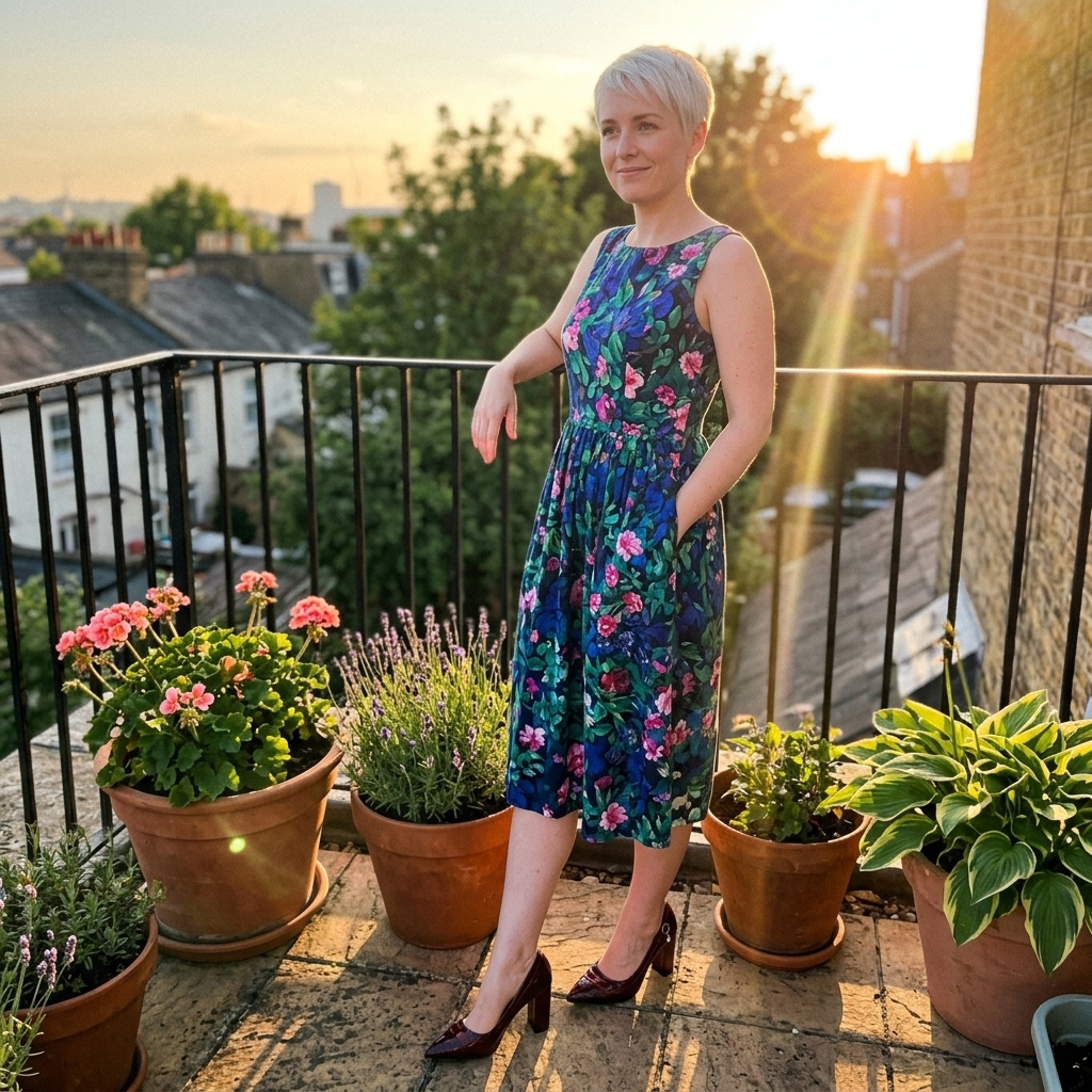 Customer wearing the Alessia Heels on a garden balcony