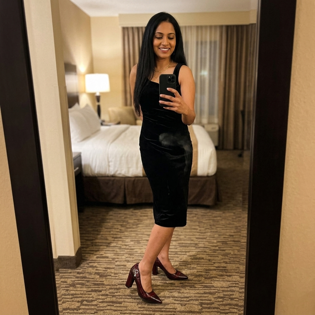 Customer wearing the Alessia Heels in a hotel room