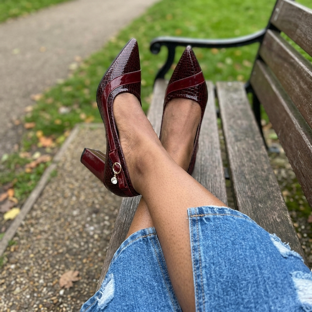 Customer wearing the Alessia Heels on a park bench