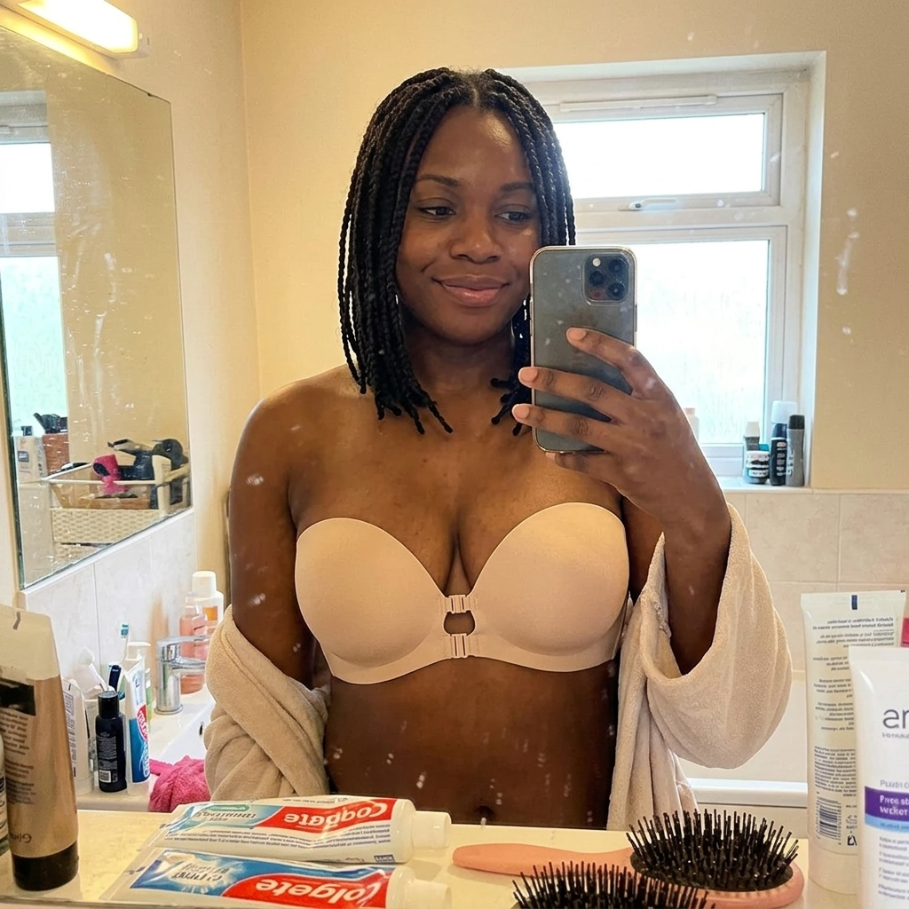 Customer wearing the Bella Push-Up Bra during a morning routine