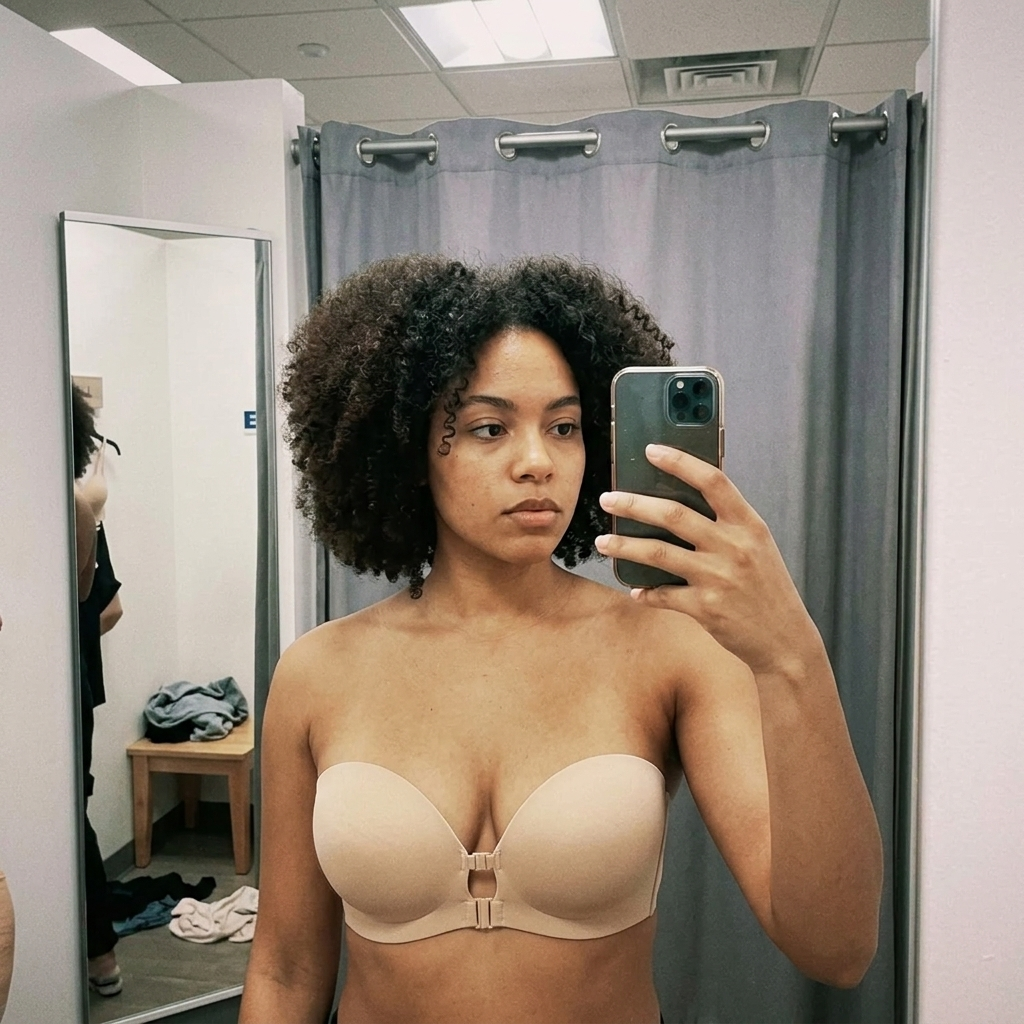Customer wearing the Bella Push-Up Bra in a fitting room