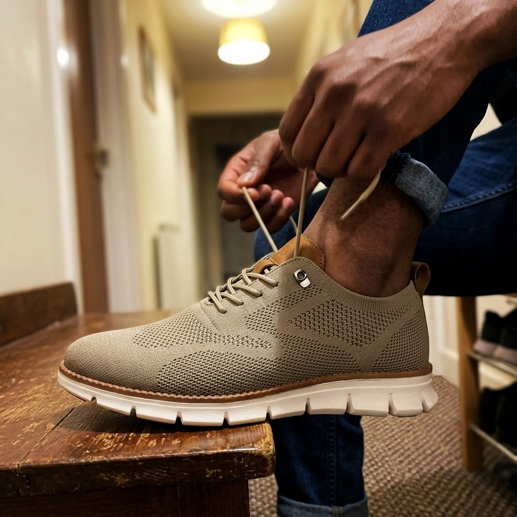 Customer wearing The Camden Loafers in a casual hallway setting