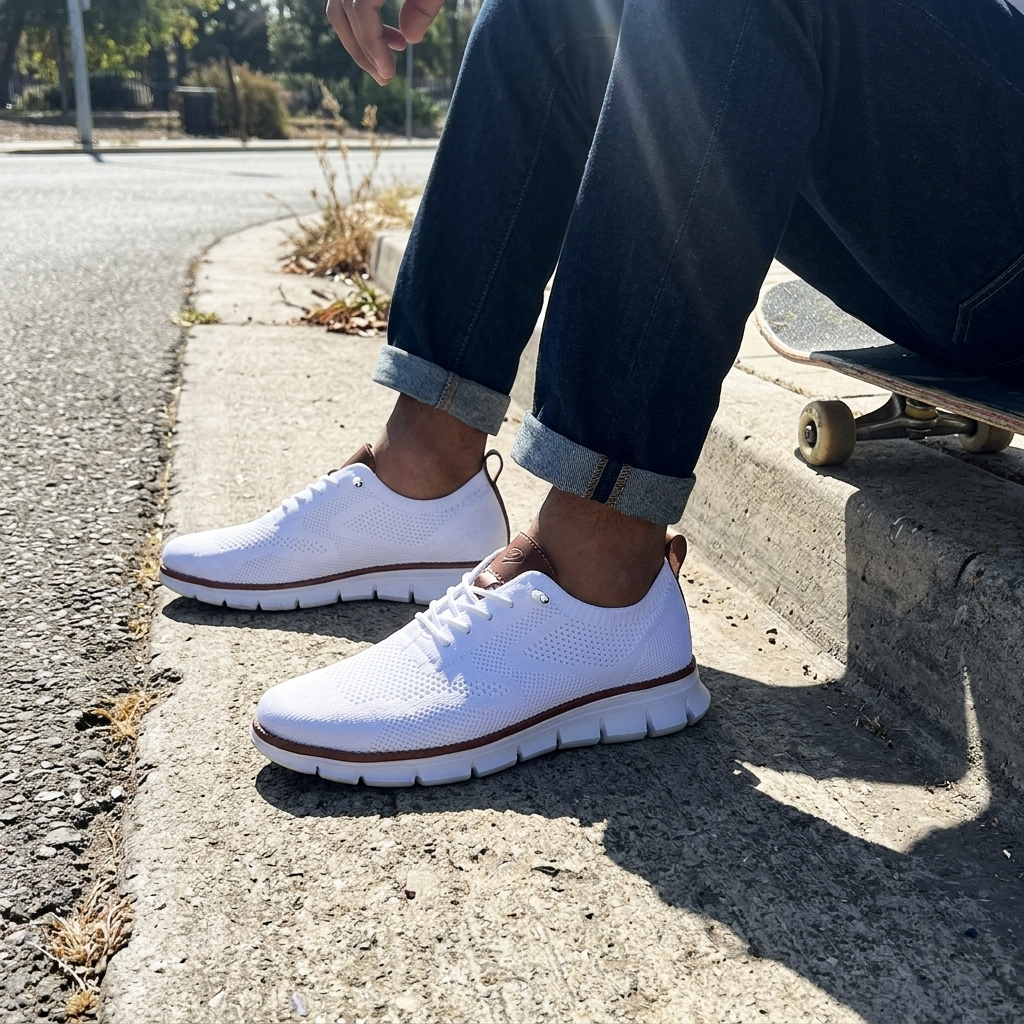 Customer wearing The Camden Loafers sitting on a curb with a skateboard