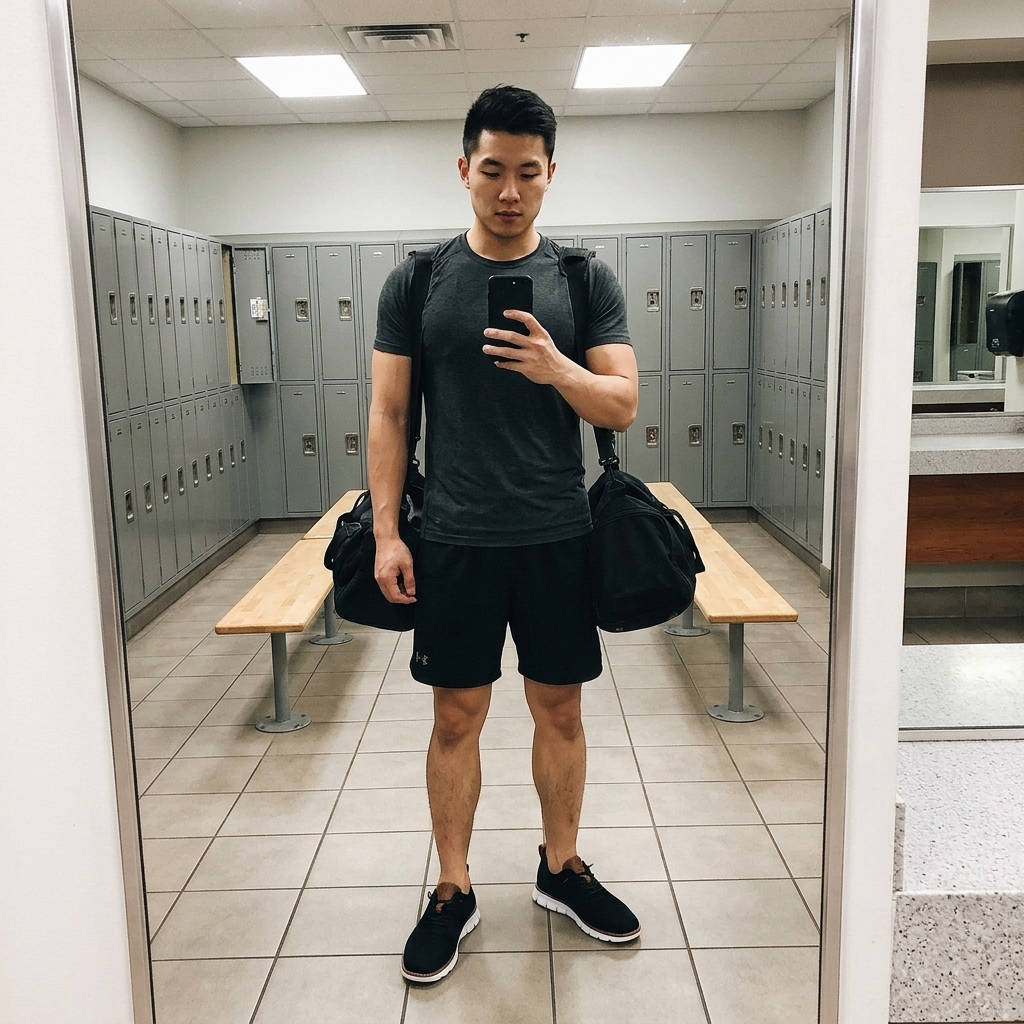 Customer wearing The Camden Loafers in a gym locker room mirror selfie