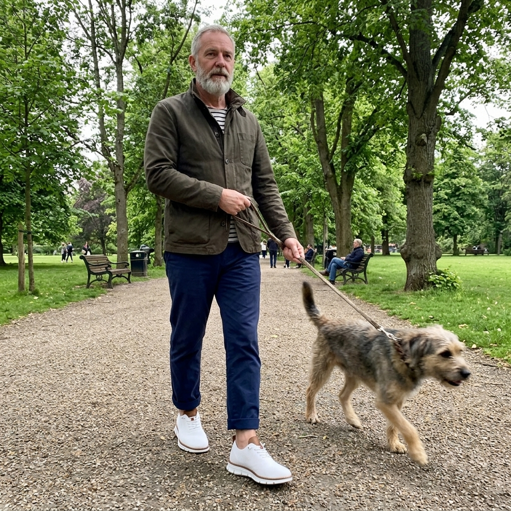 Customer wearing The Camden Loafers on a dog walk in the park
