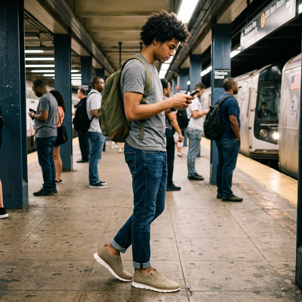 Customer wearing The Camden Loafers on a train station platform