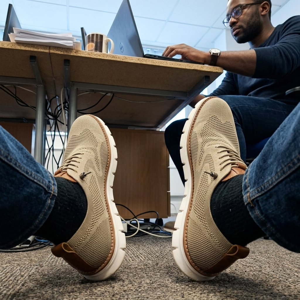 Customer wearing The Camden Loafers at an office desk