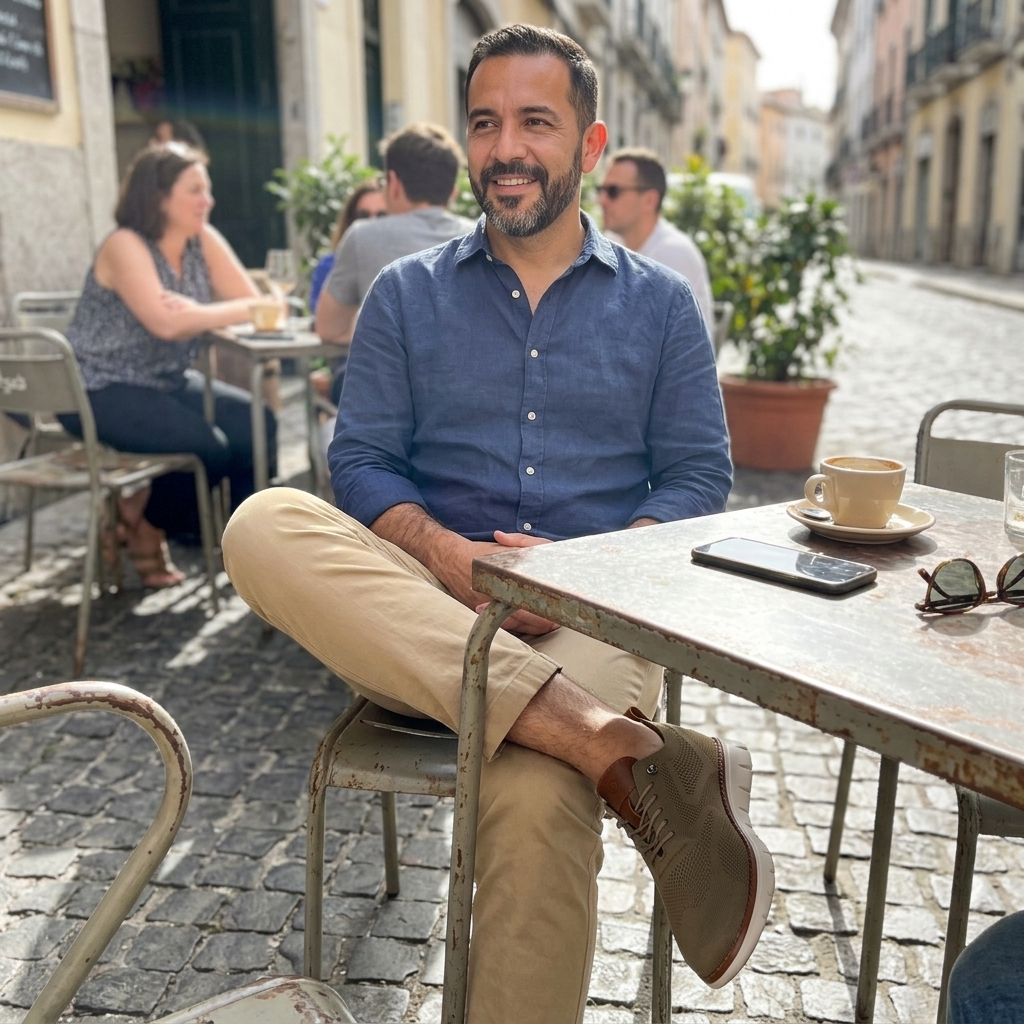 Customer wearing The Camden Loafers at an outdoor cafe table