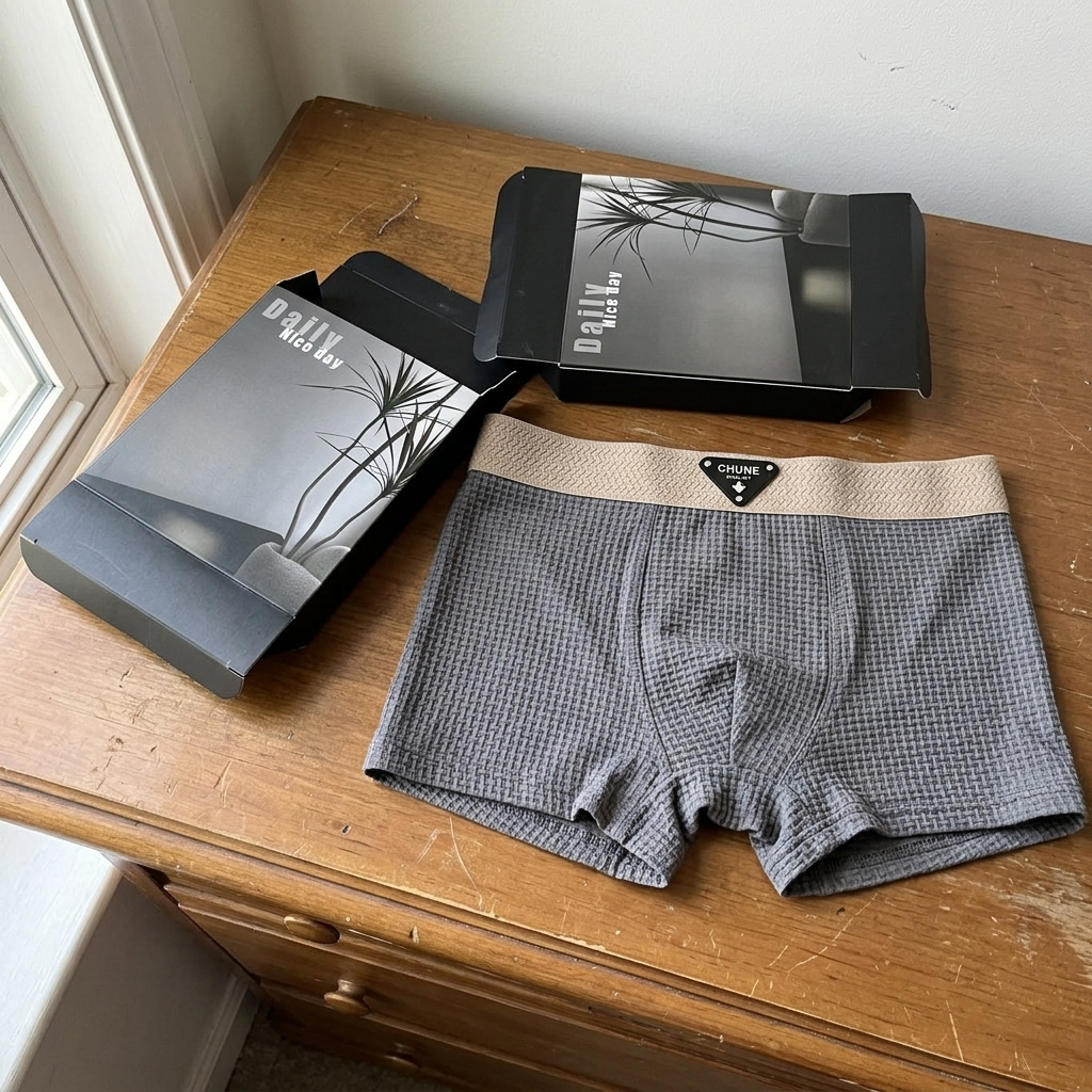 The Harrington Boxer Set laid out on a dresser