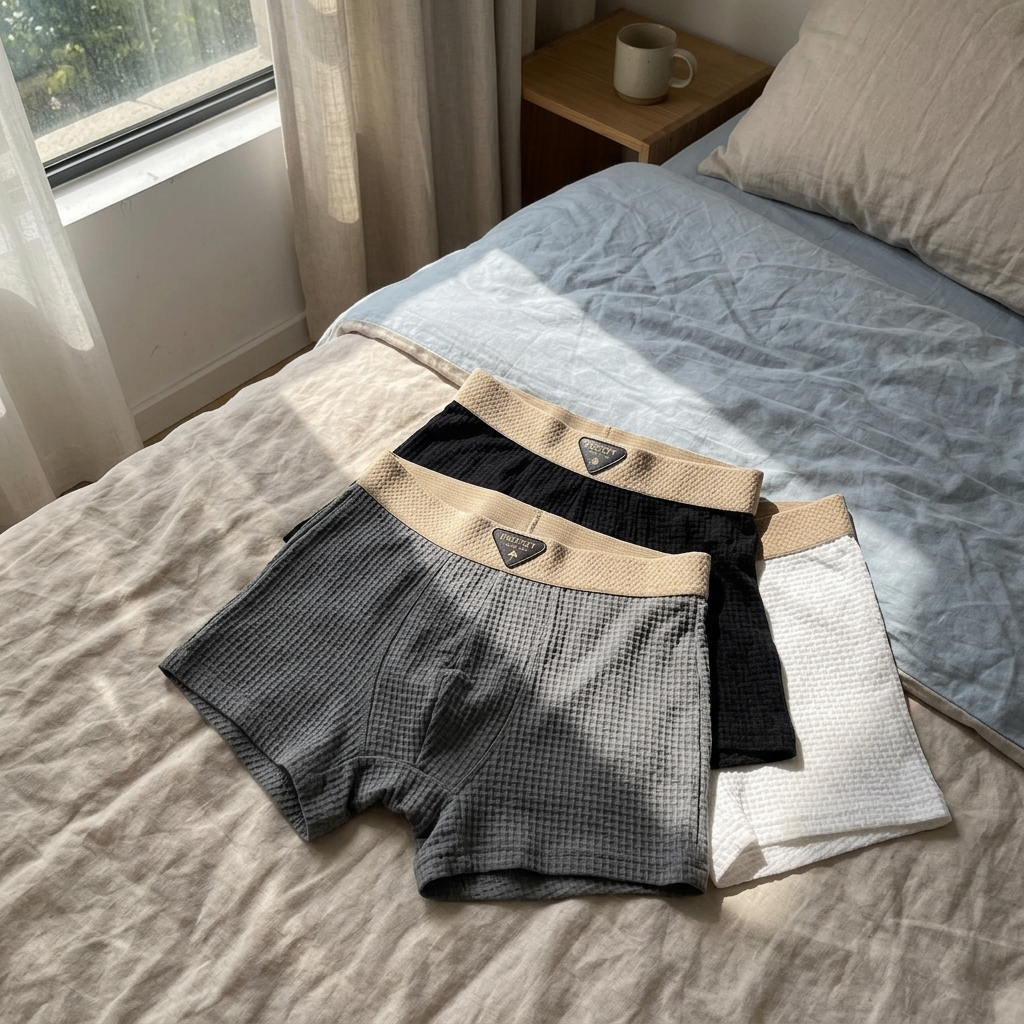 The Harrington Boxer Set fanned out on a bed