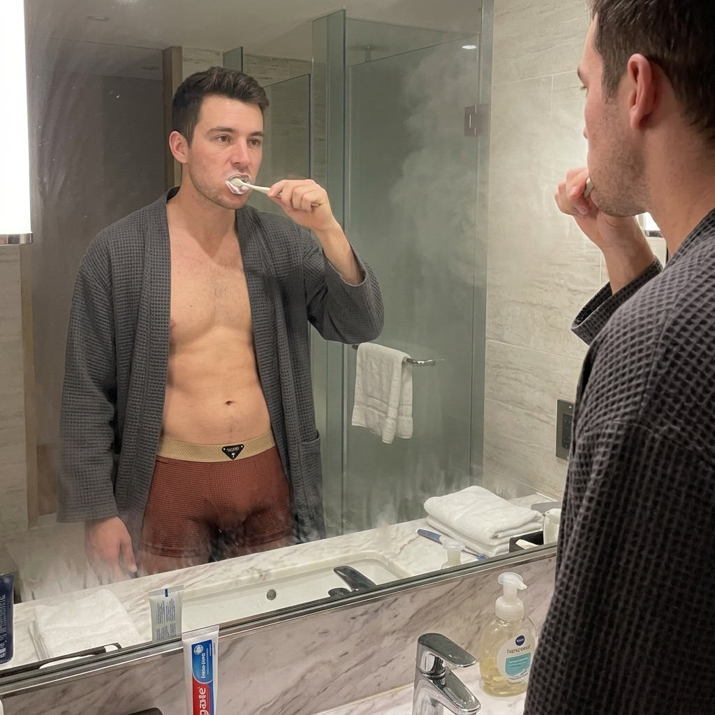Customer wearing The Harrington Boxer Set at the bathroom mirror