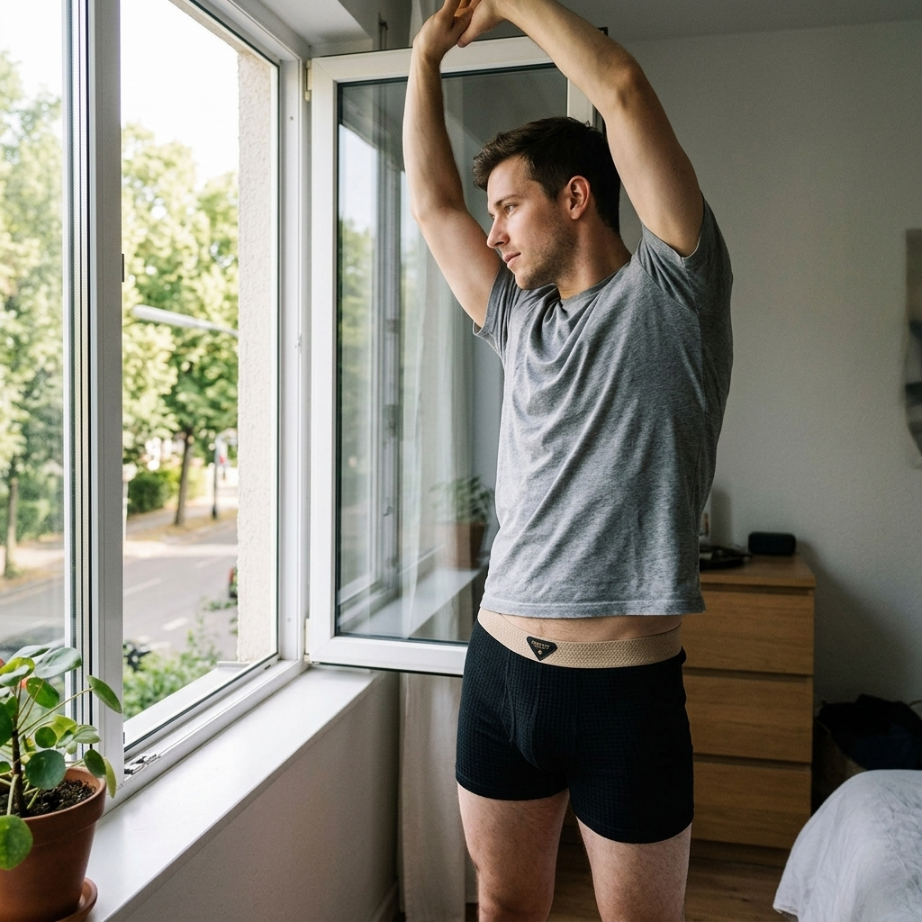 Customer wearing The Harrington Boxer Set during a morning stretch