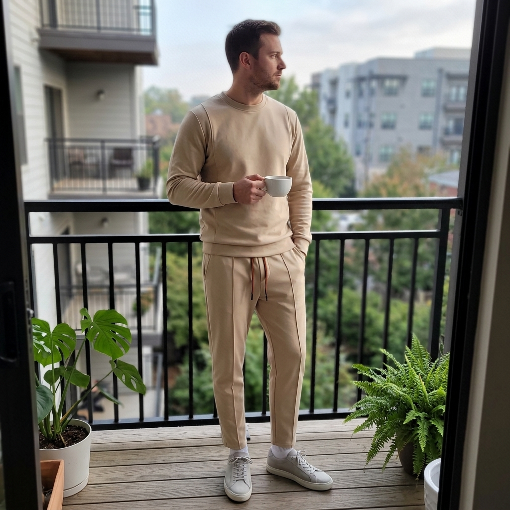Customer wearing the full Cadence Set on a balcony