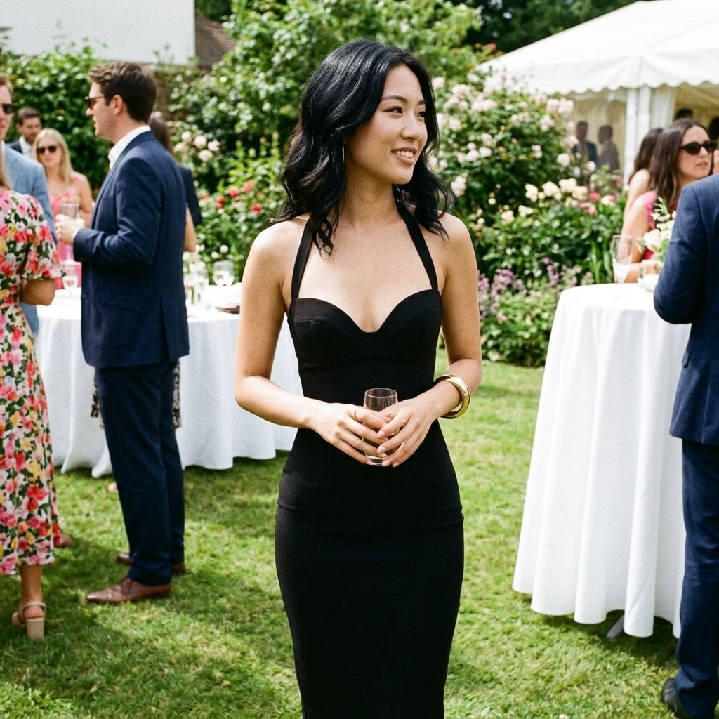 Customer wearing the Camille Halter Dress in a casual garden party setting