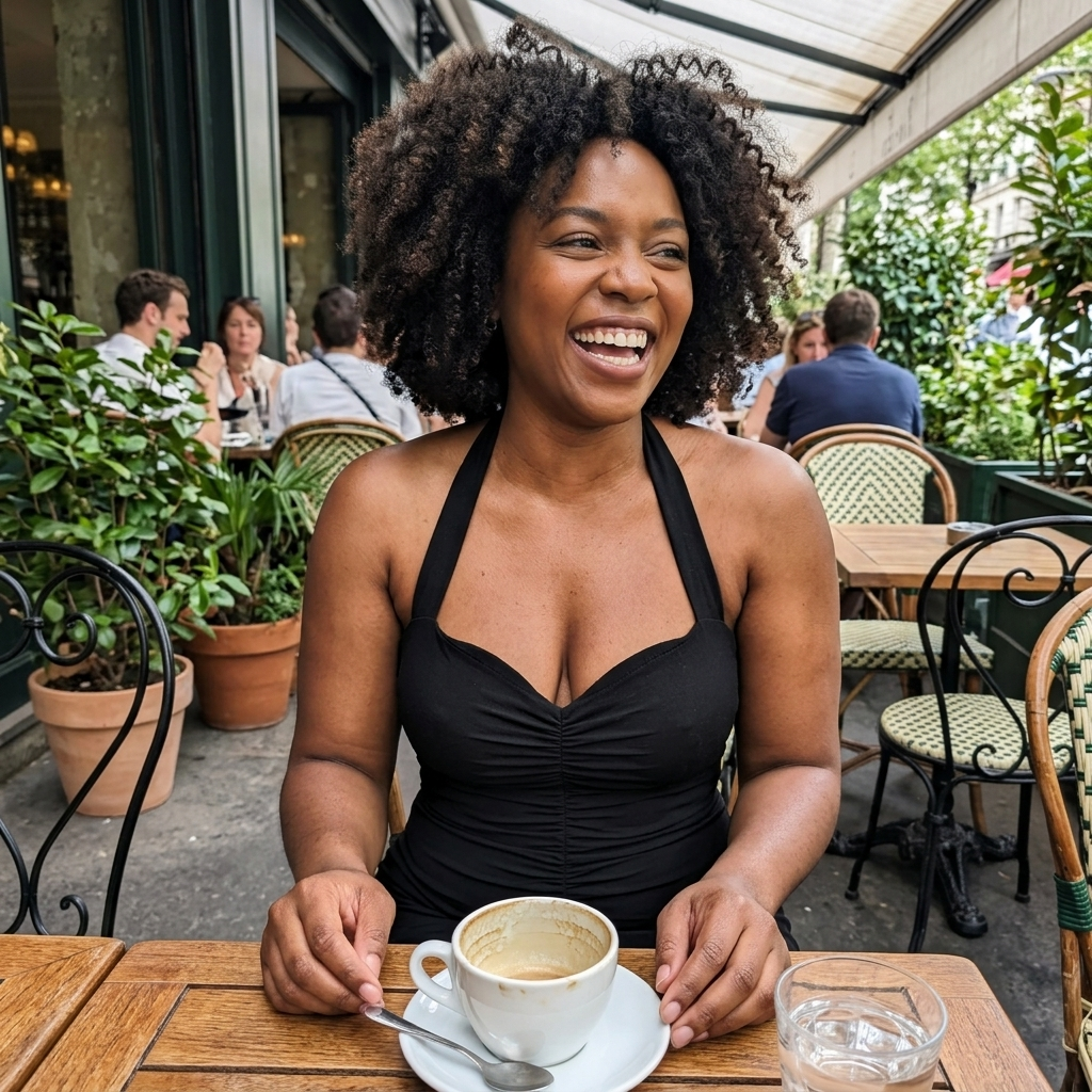 Customer wearing the Camille Halter Dress in a casual coffee shop setting