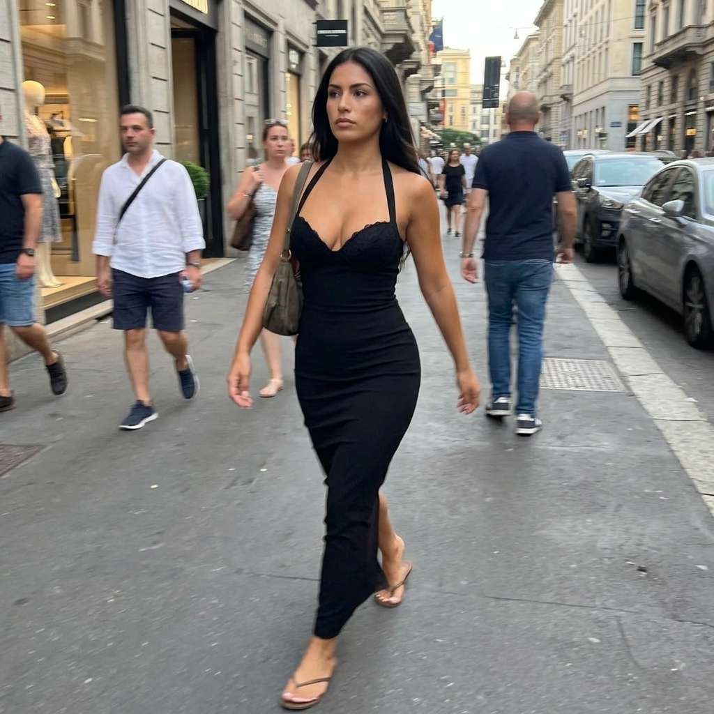 Customer wearing the Camille Halter Dress walking on a city street