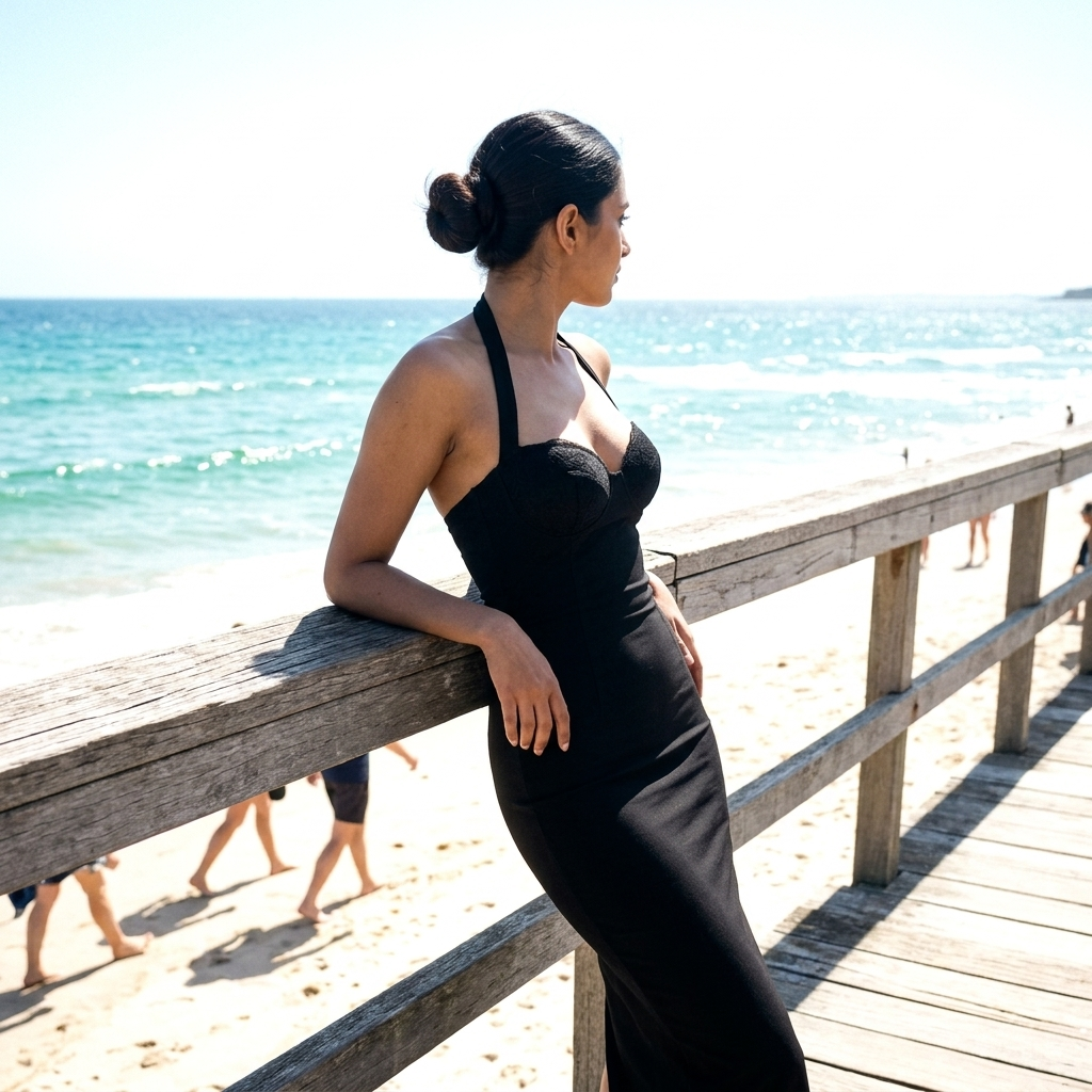 Customer wearing the Camille Halter Dress on a beach boardwalk
