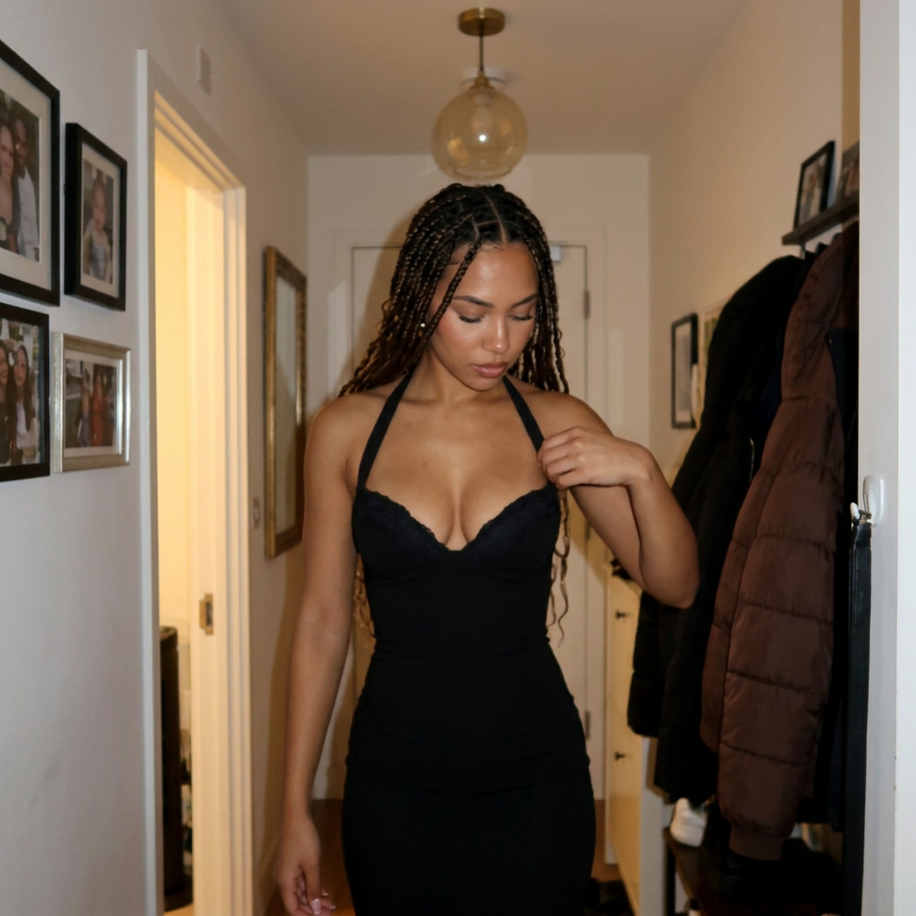 Customer wearing the Camille Halter Dress in a home hallway