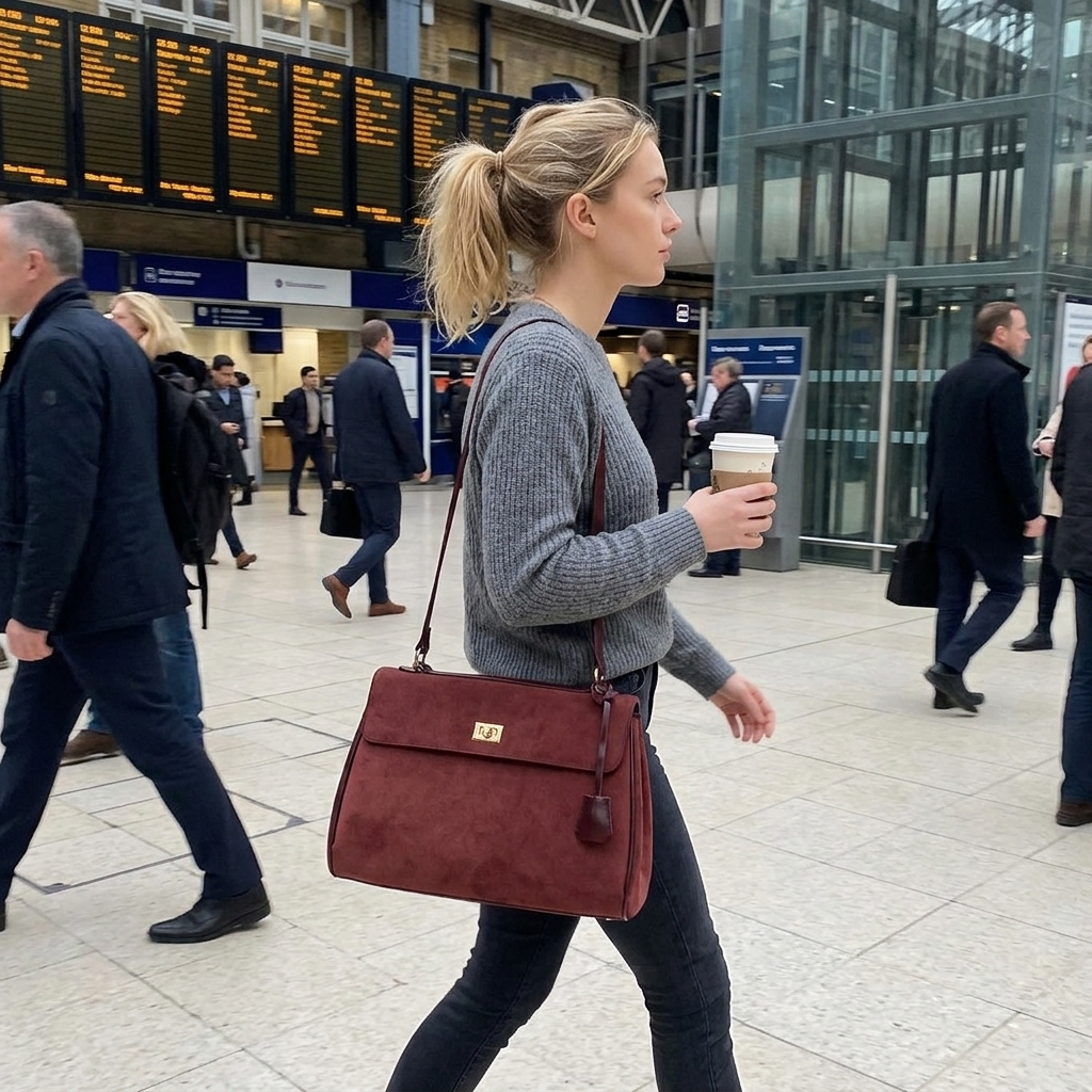 Customer using the Chelsea Messenger Bag in a casual train station setting