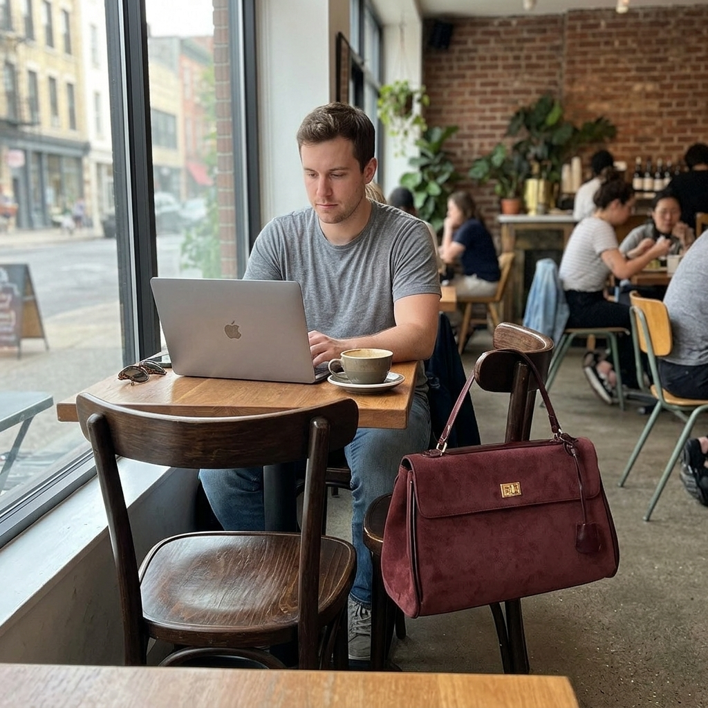 Customer using the Chelsea Messenger Bag in a casual coffee shop setting