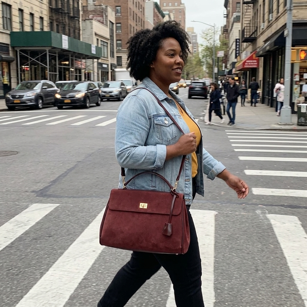 Customer using the Chelsea Messenger Bag walking on a city street