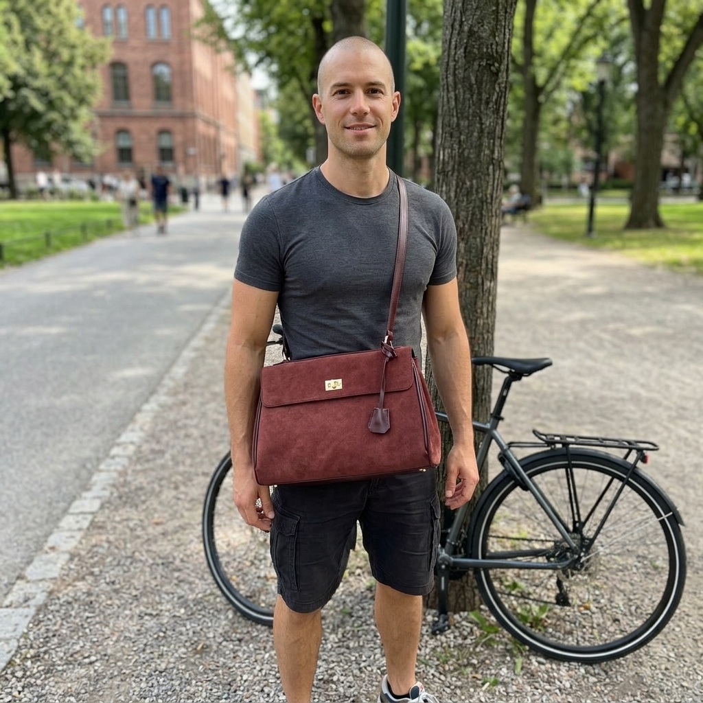 Customer using the Chelsea Messenger Bag while cycling outdoors