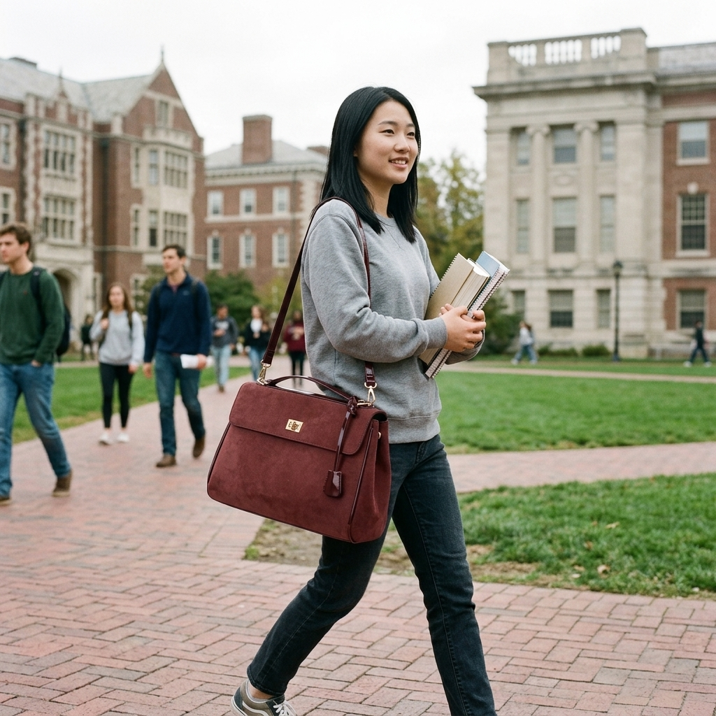 Customer using the Chelsea Messenger Bag on a university campus