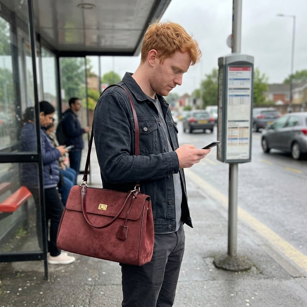 Customer using the Chelsea Messenger Bag at a bus stop