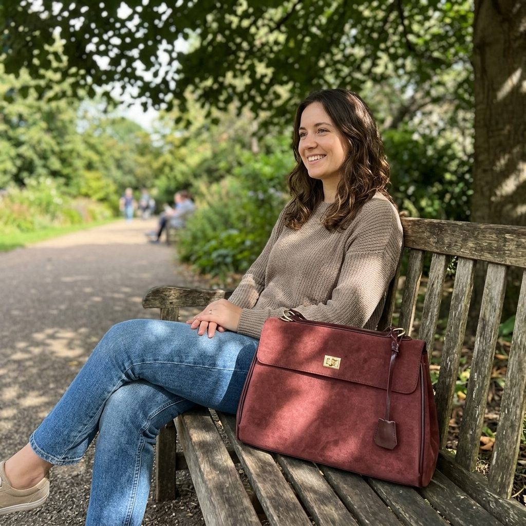 Customer using the Chelsea Messenger Bag on a park bench