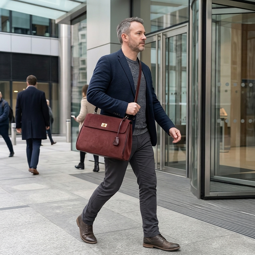 Customer using the Chelsea Messenger Bag entering an office building