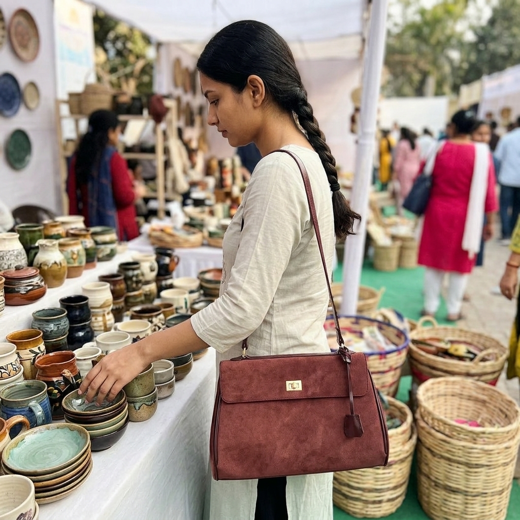 Customer using the Chelsea Messenger Bag at an outdoor market