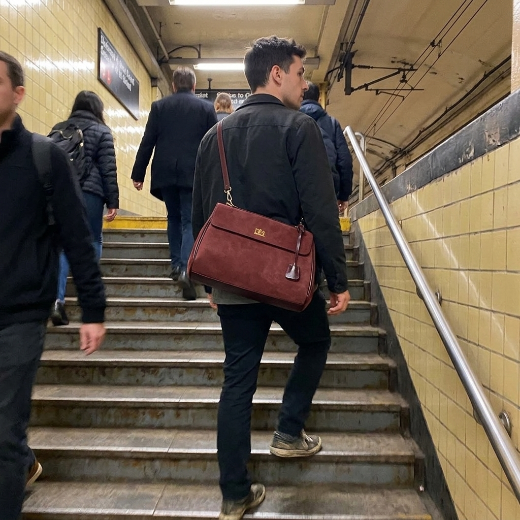 Customer using the Chelsea Messenger Bag at a subway station