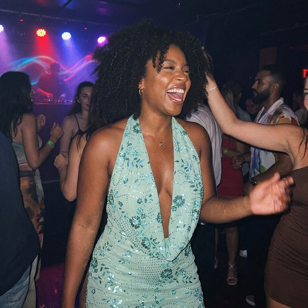 Customer wearing the Odette Sequin Dress on a dance floor
