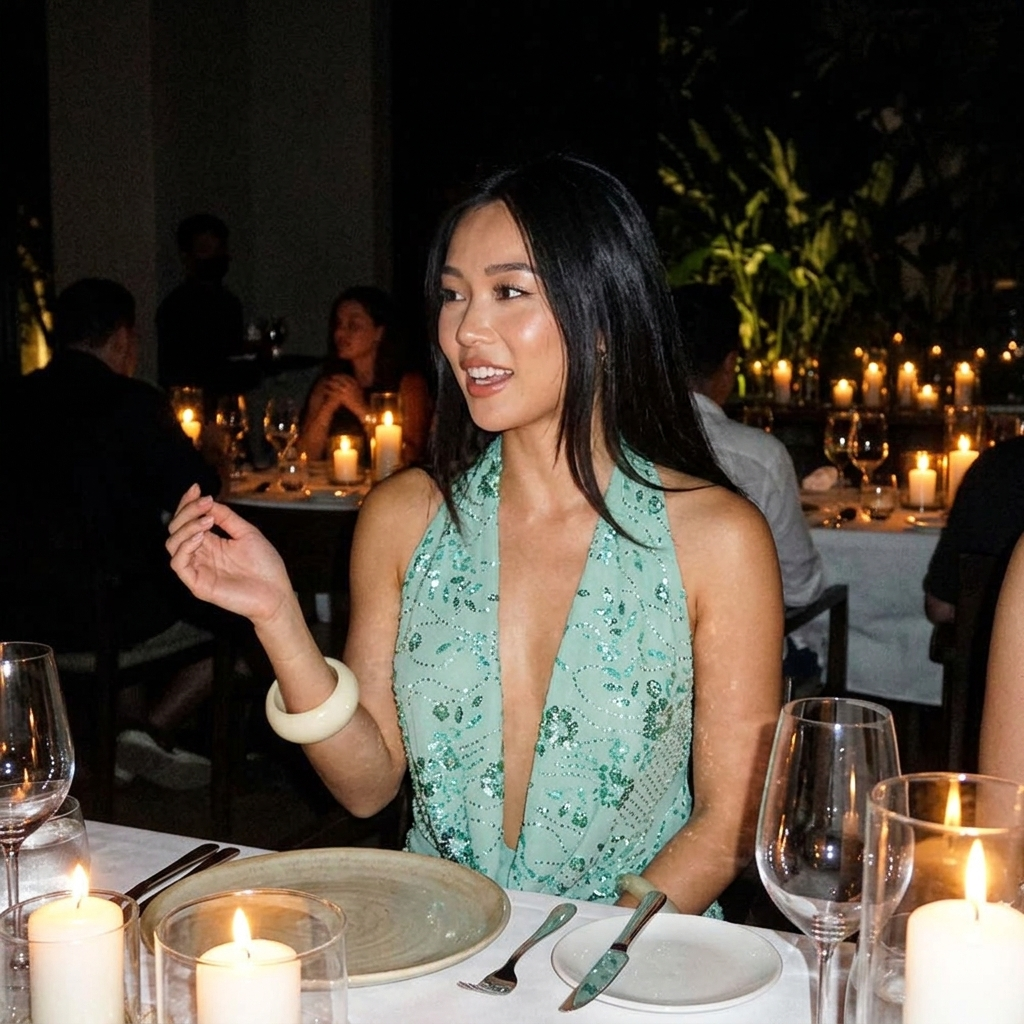 Customer wearing the Odette Sequin Dress at a candlelit dinner table