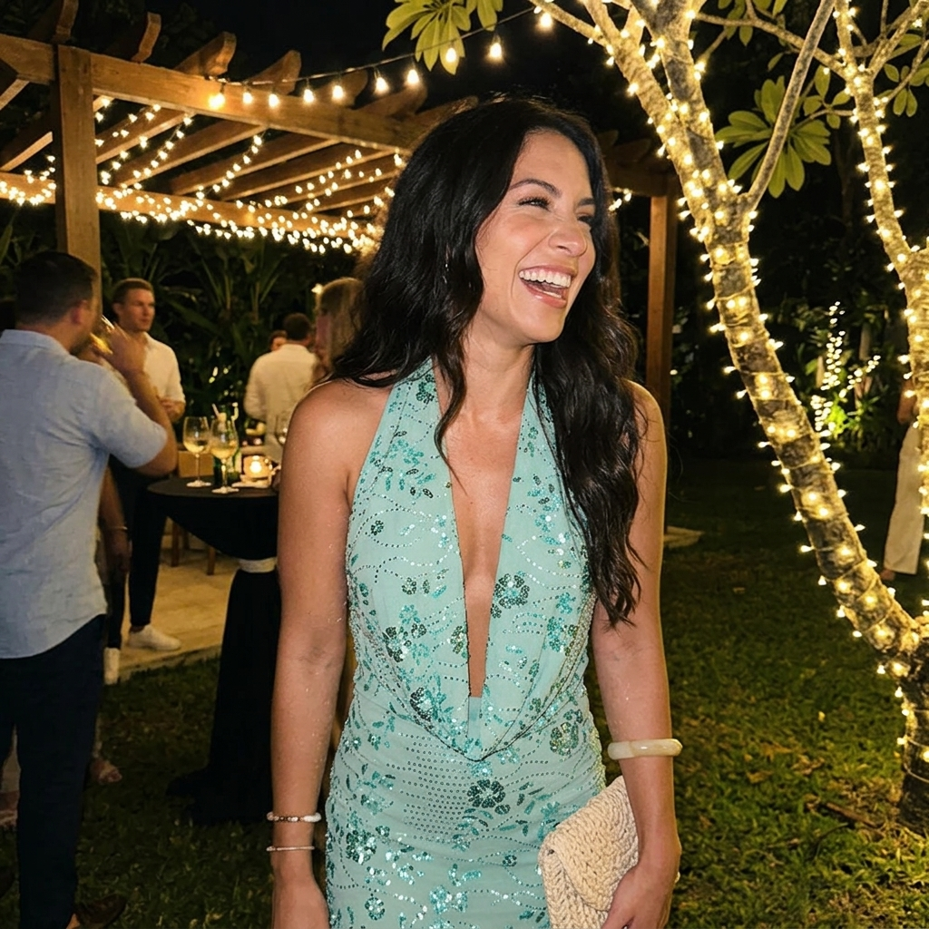 Customer wearing the Odette Sequin Dress at an outdoor evening garden party