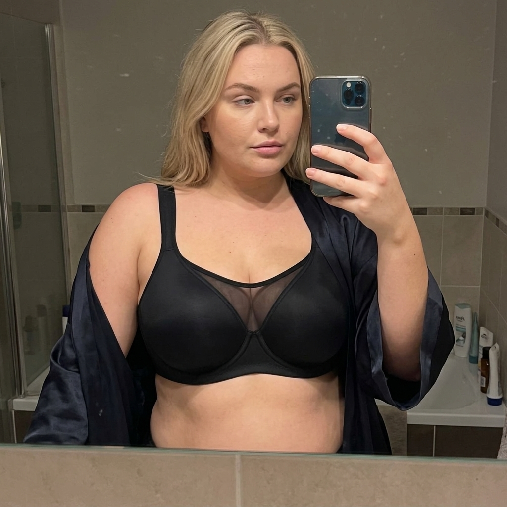 Customer wearing the Seraphine Curve Push-Up Bra in a casual bathroom mirror selfie