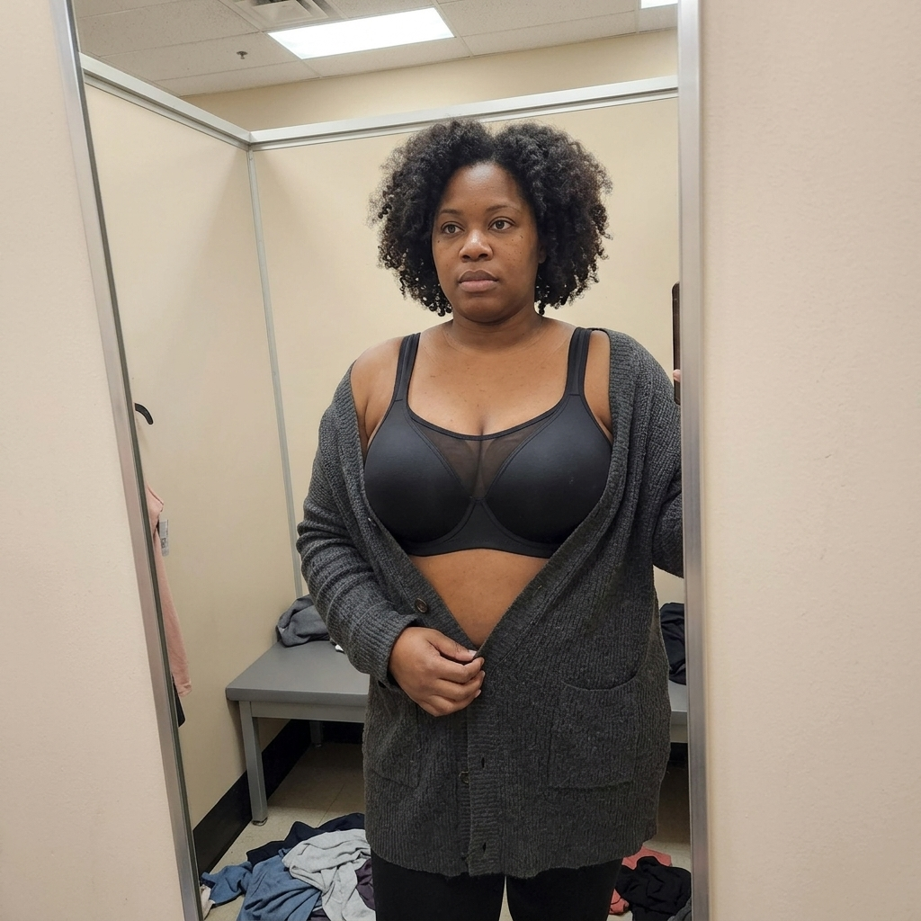 Customer wearing the Seraphine Curve Push-Up Bra in a casual fitting room try-on