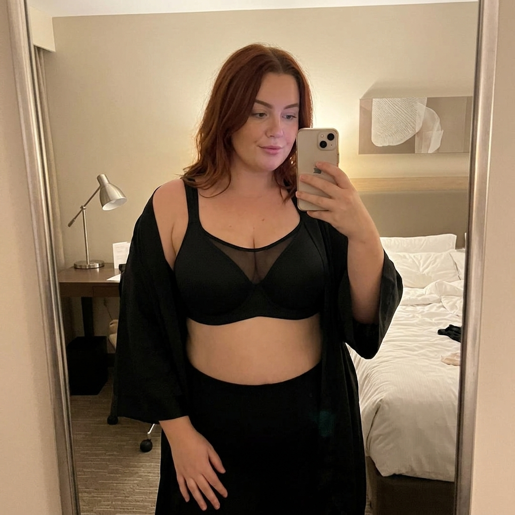 Customer wearing the Seraphine Curve Push-Up Bra in a casual hotel room mirror