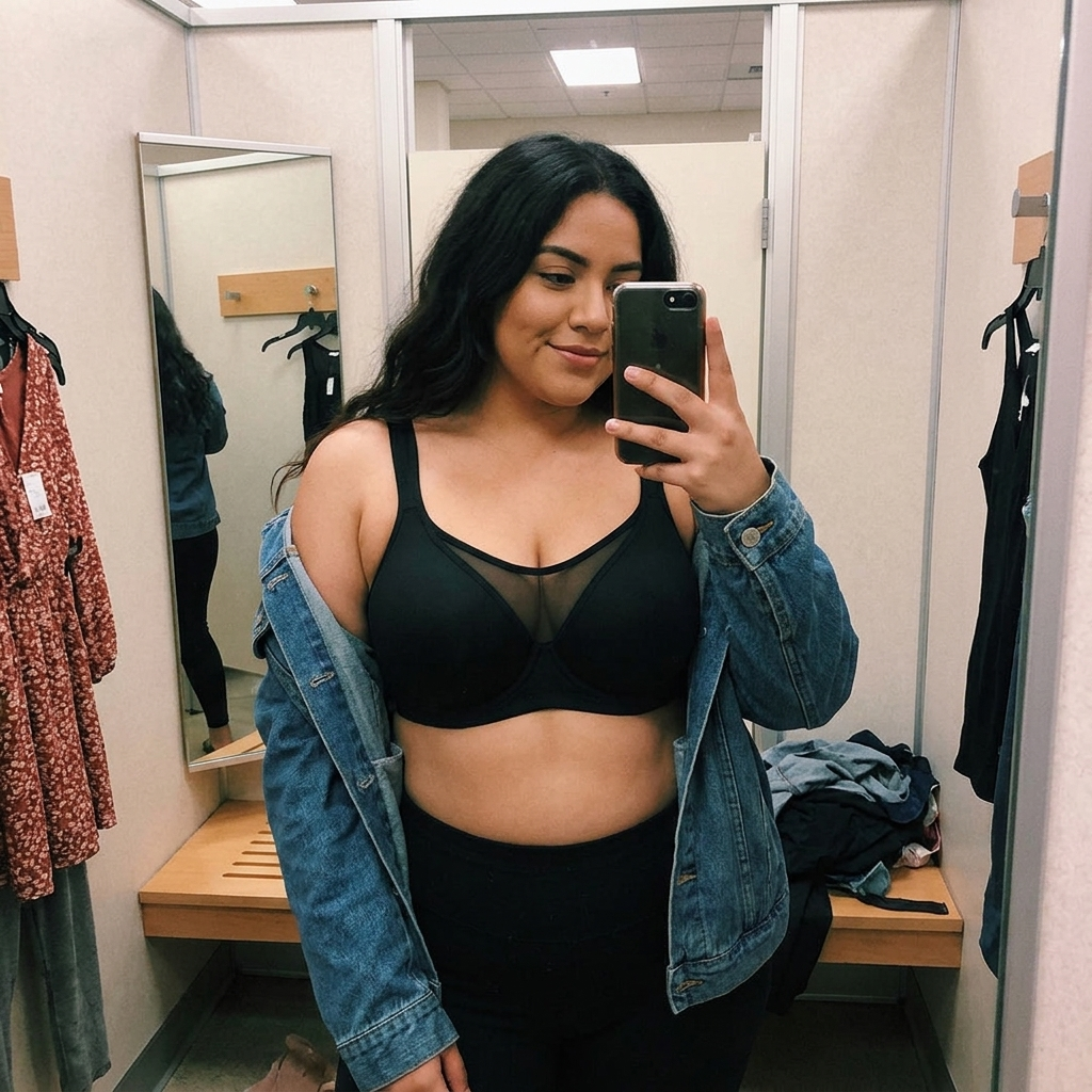 Customer wearing the Seraphine Curve Push-Up Bra in a casual changing room try-on