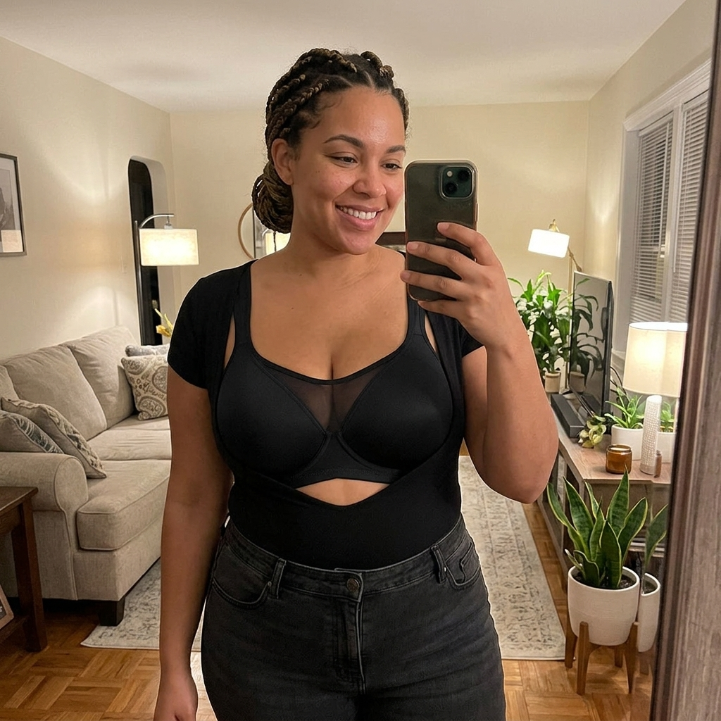 Customer wearing the Seraphine Curve Push-Up Bra underneath a going-out top