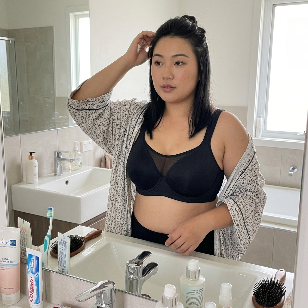 Customer wearing the Seraphine Curve Push-Up Bra in a casual bathroom morning routine