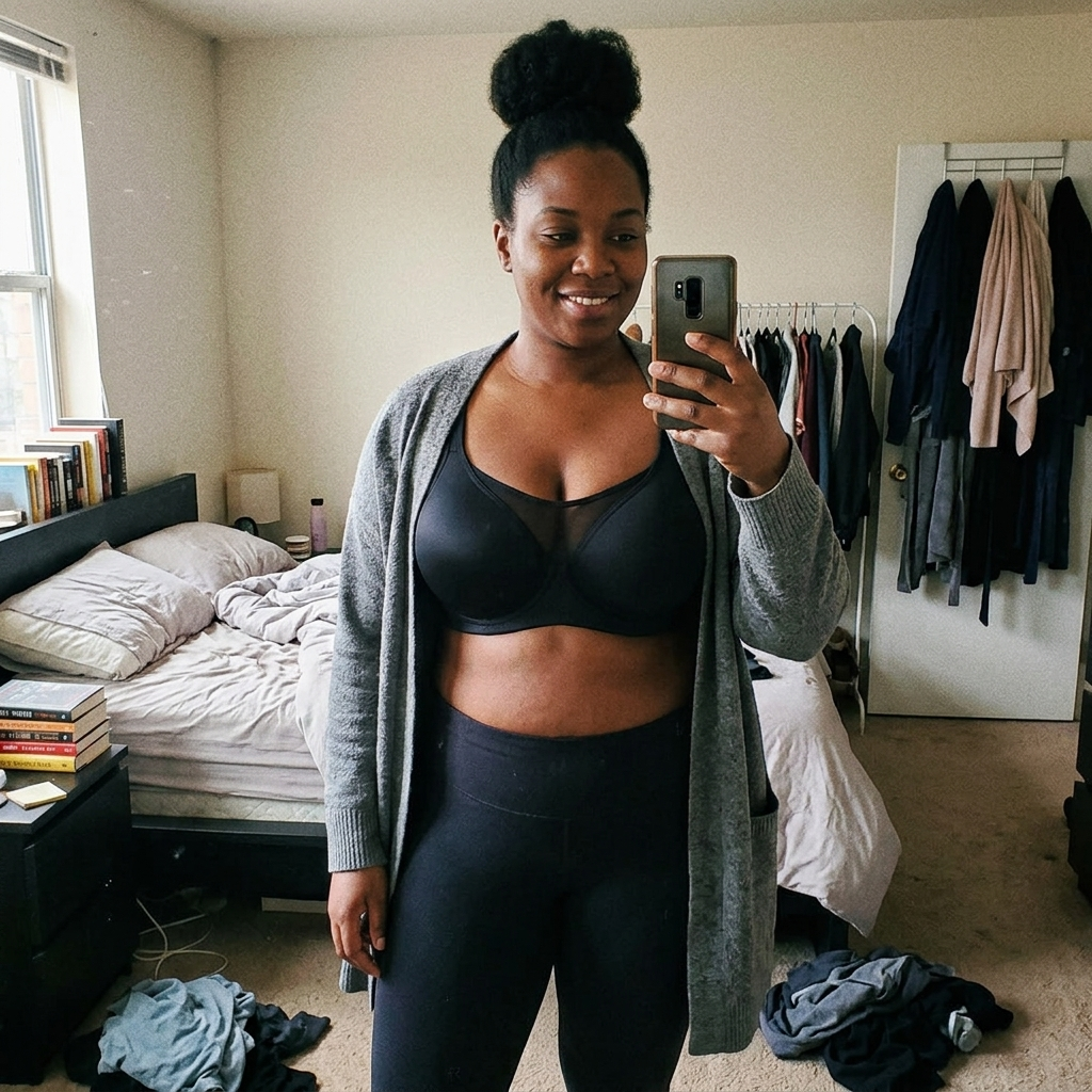 Customer wearing the Seraphine Curve Push-Up Bra in a casual bedroom setting