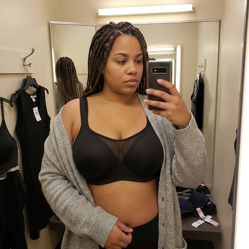 Customer wearing the Seraphine Curve Push-Up Bra in a casual changing room try-on