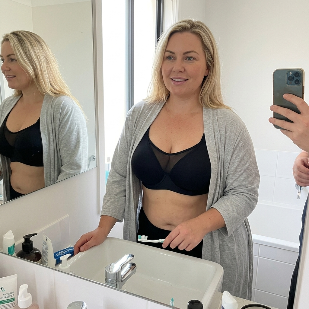 Customer wearing the Seraphine Curve Push-Up Bra in a casual bathroom morning routine