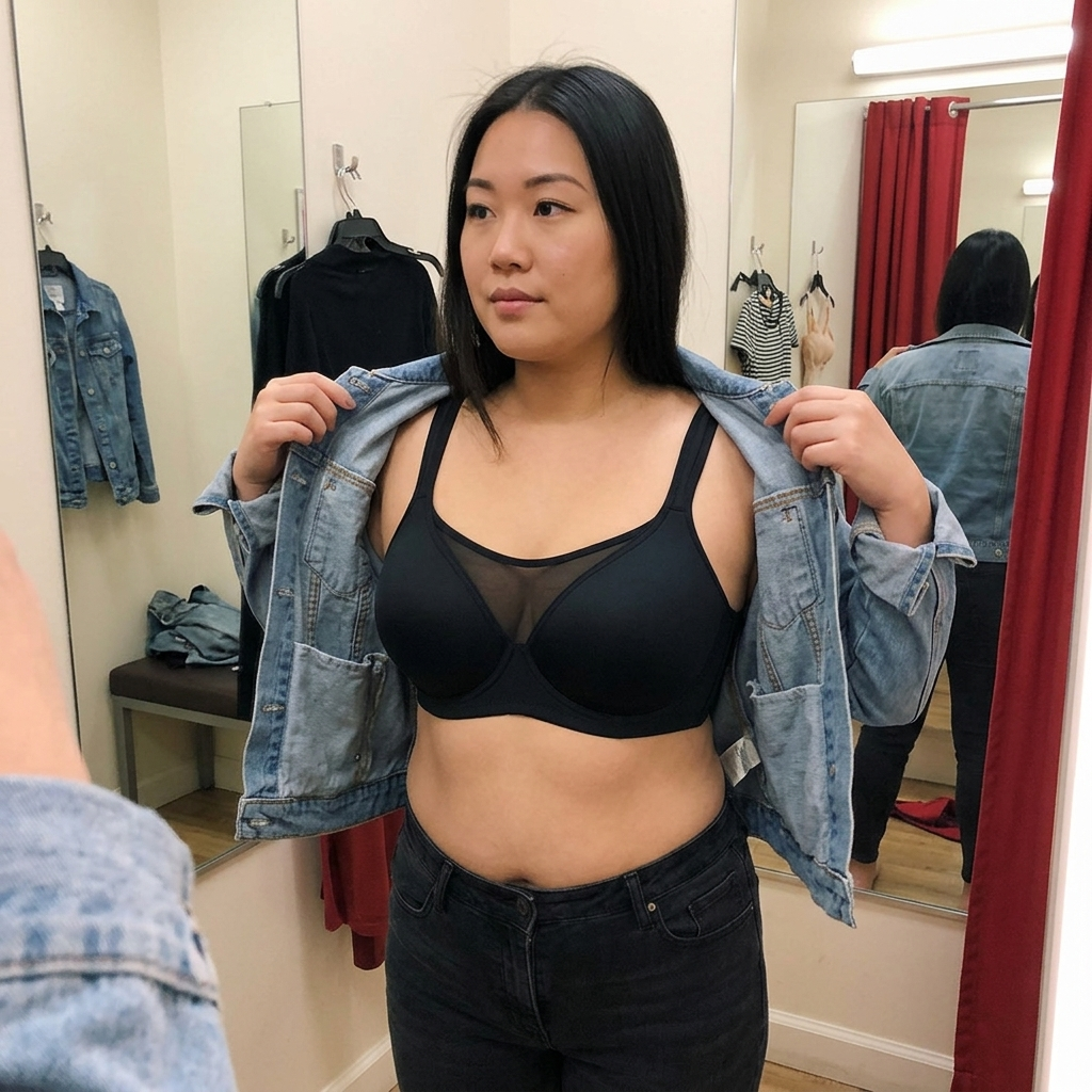 Customer wearing the Seraphine Curve Push-Up Bra in a casual fitting room try-on